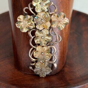 Vintage Floral Cross Pendant With Mother-Of-Pearl Flowers & Sterling Silver Swir